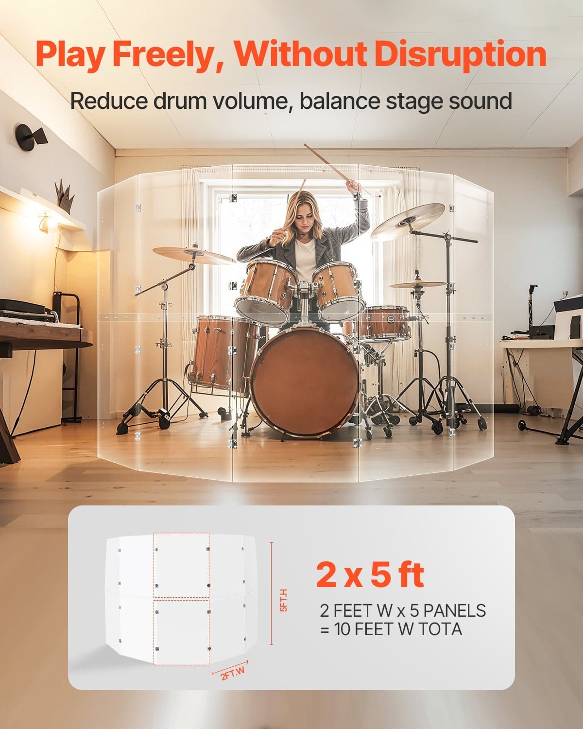 Drum Shield, 5 Panels 2 ft x 5 ft Portable Acrylic Drum Cage with Zinc Alloy Hinges for Church Concert Halls Music Festivals, Drum Shields Drum Sound Barrier Suitable for Practice Performance