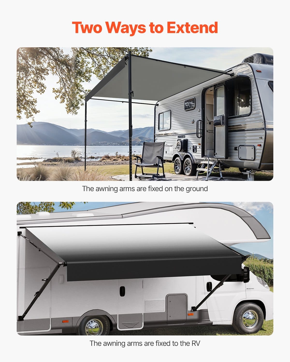 Manual RV Awning Complete Kit, 14' Retractable Awning with Aluminum Alloy Frame, Outdoor Trailer Awning, Fit for Most RVs(Black Fade)
