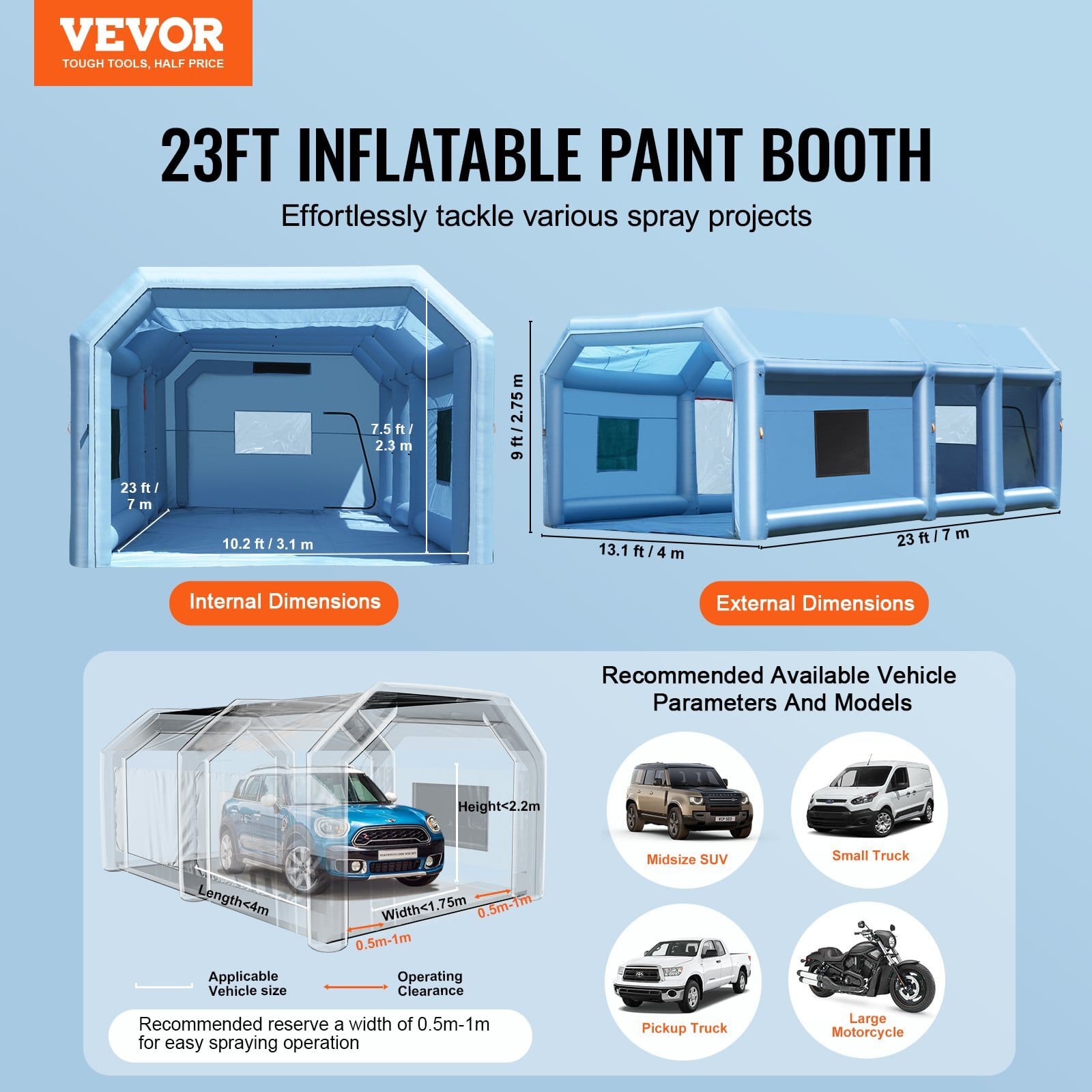 Inflatable Paint Booth, 23 x 13.1 x 9 ft Inflatable Spray Booth, with 750W+480W Powerful Blowers and Air Filter System, Large Motorcycle, Portable Car Paint Booth for Small Truck, Midsize SUV