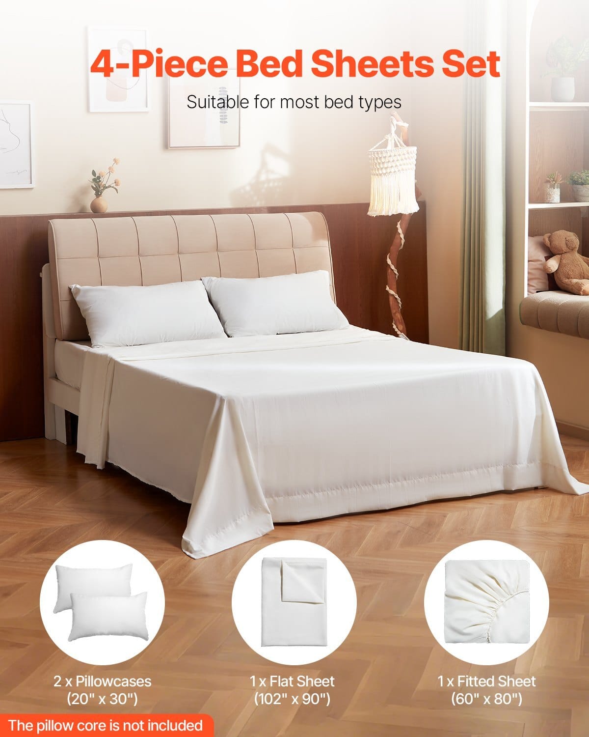 4-Piece Bed Sheet Set - Queen Size, 100% Bamboo Fiber Bedding Set, Cooling, Breathable & Shrink-Resistant Luxury Bed Sheet with Deep Pocket, Fit up to 16" Deep Mattress, Ideal for Hotel Bedroom