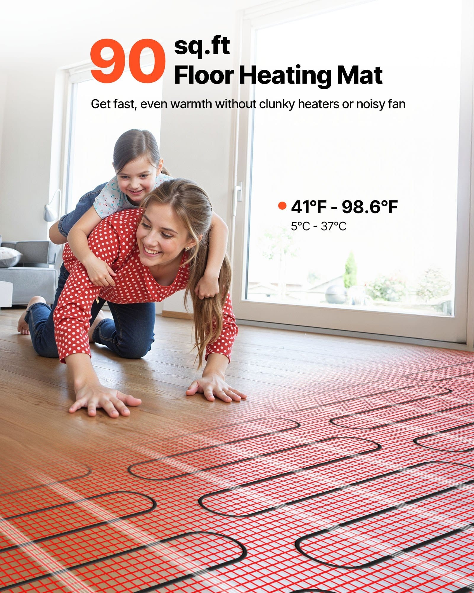 90 sqft Self-Adhesive Mesh Floor Heating Mat System, 120V Electric Radiant Heated Floor System, with Smart Control Thermostat & Alarm, Easy Installation for Tile, Stone, Vinyl