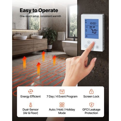 90 sqft Self-Adhesive Mesh Floor Heating Mat System, 120V Electric Radiant Heated Floor System, with Smart Control Thermostat & Alarm, Easy Installation for Tile, Stone, Vinyl