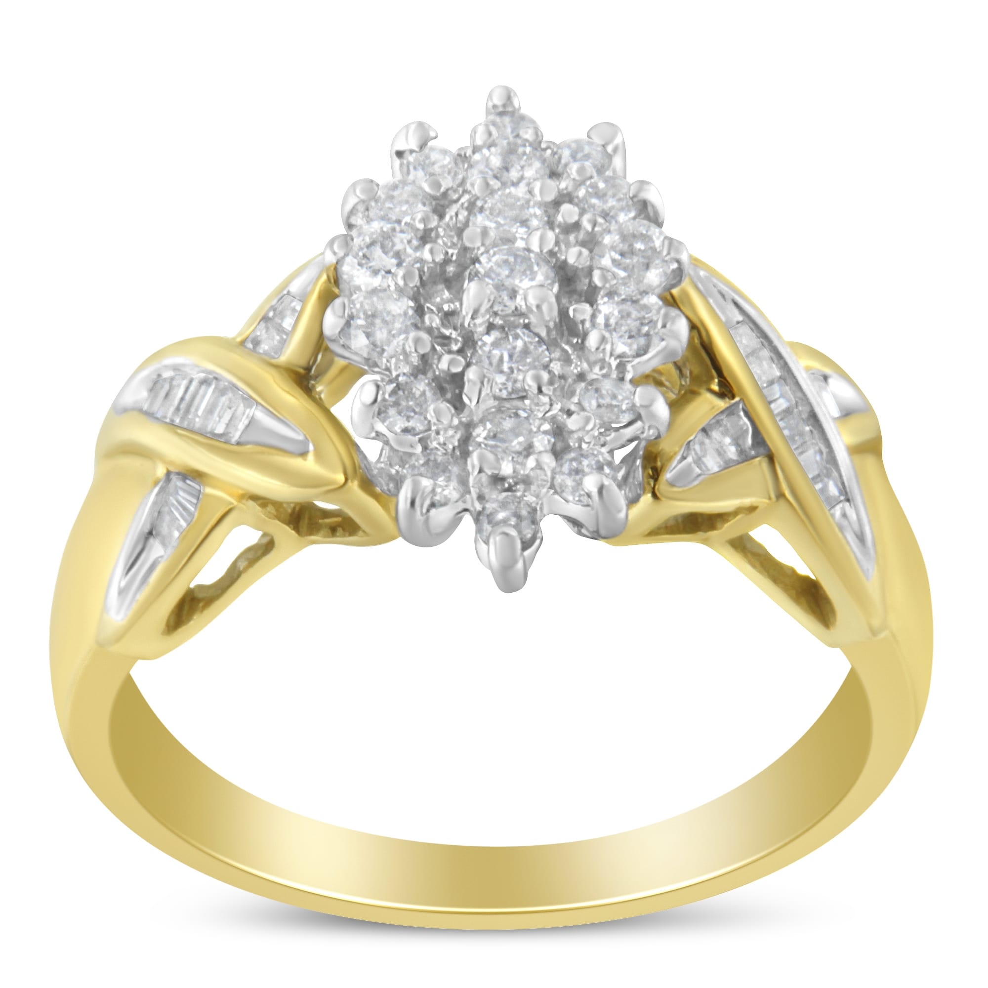 10K Two-Toned Gold Round Baguette Diamond Cluster Ring (1/2 Cttw, I-J Color, I2-I3 Clarity) - Size 6-1/2