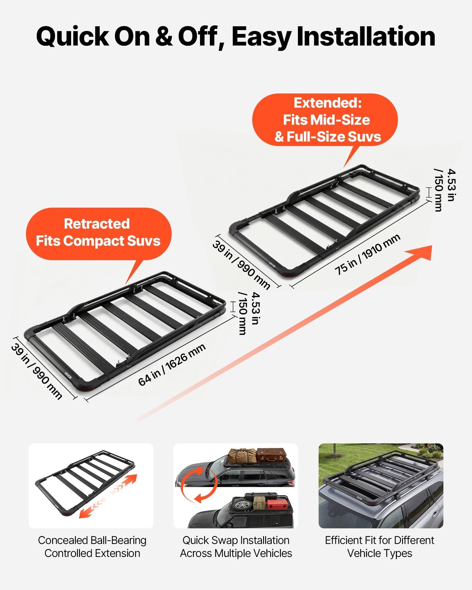 Roof Rack Cargo Basket, 64 x 39 x 4.53 in, Heavy Duty Roof Top Carrier Basket with Extension, 200 lbs Capacity, All-Weather Car Top Luggage Holder, Universal Fit for SUVs Trucks Vehicles Pickups
