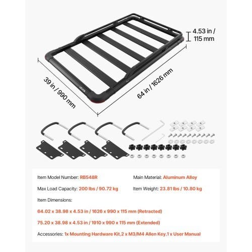 Roof Rack Cargo Basket, 64 x 39 x 4.53 in, Heavy Duty Roof Top Carrier Basket with Extension, 200 lbs Capacity, All-Weather Car Top Luggage Holder, Universal Fit for SUVs Trucks Vehicles Pickups