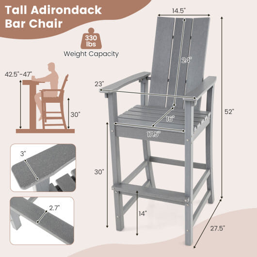 Tall Adirondack Chair Outdoor Bar Stool with Ergonomic Backrest for Backyard-Gray - Color: Gray