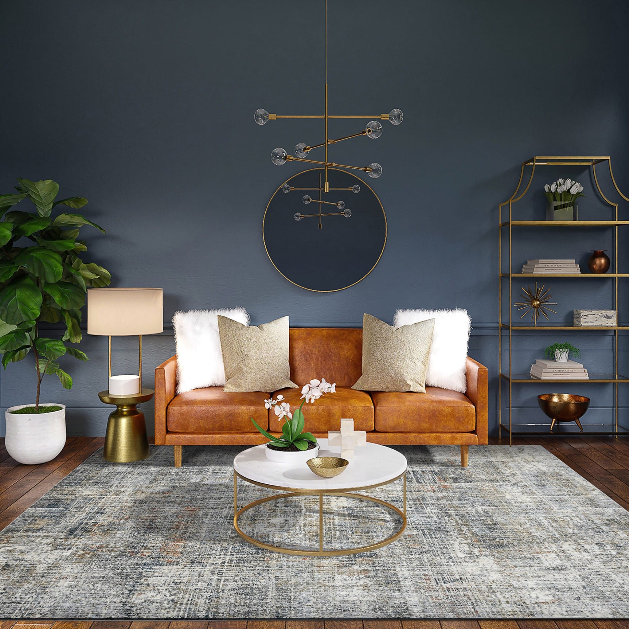 5' X 8' Ivory Navy and Gray Abstract Power Loom Area Rug