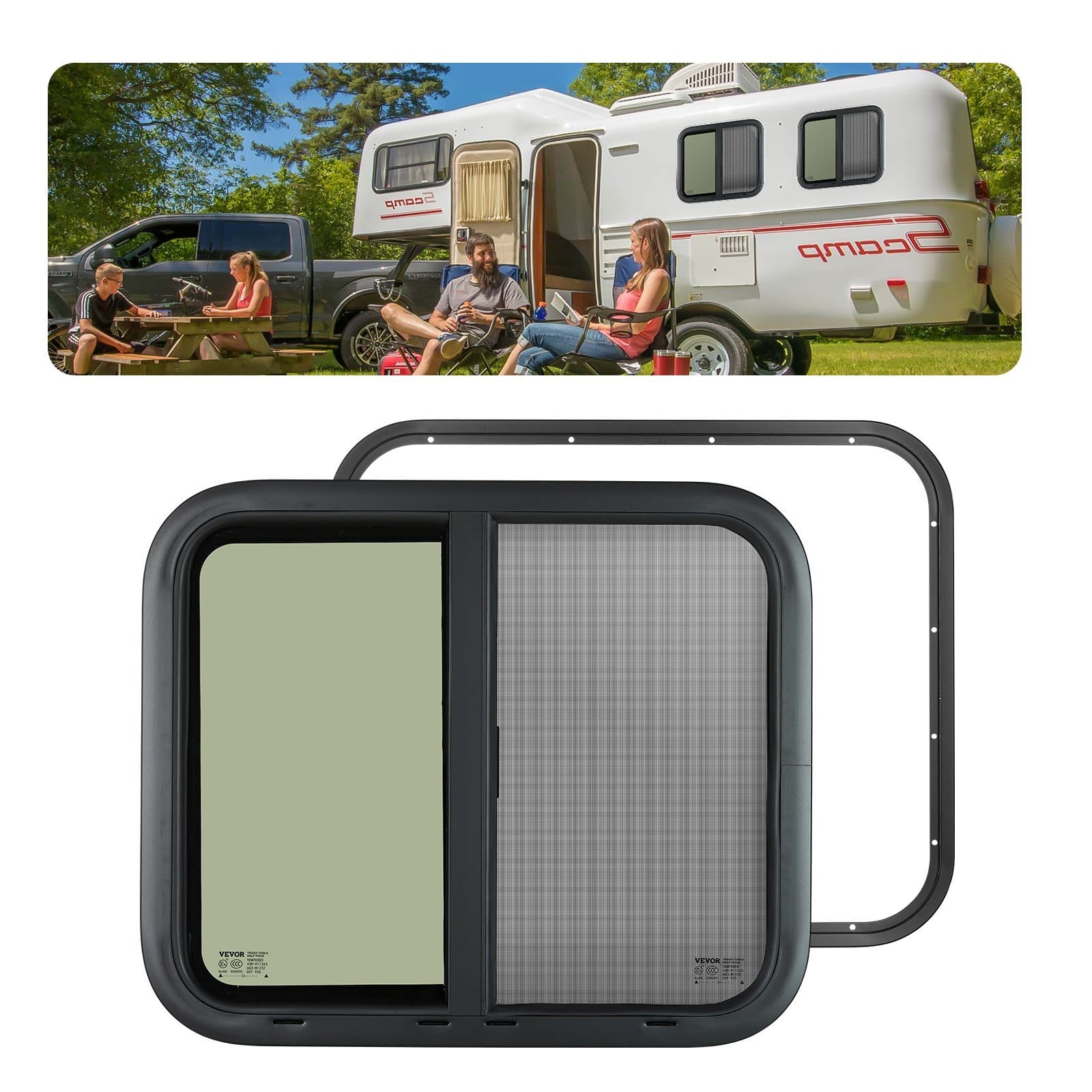 Horizontal RV Window, 24" W x 20" H Tinted Sliding RV Window with Net Screen & Trim Ring, Fit 15/16"-1 3/4" Thickness Wall, RV Window Replacement for Teardrop Cargo Trailer Camper, DOT Approved