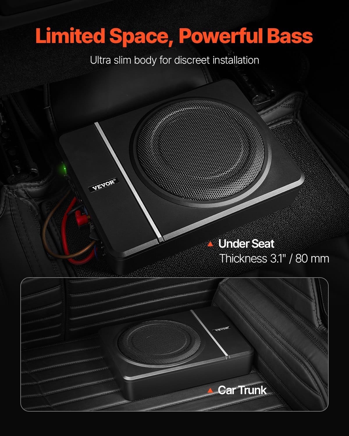 8" 240W Underseat Car Subwoofer, 120W RMS Rated Power Slim Powered Car Subwoofers Under the Seat, Low Profile Audio Sub Built-in Amplifier, High/Low Level Input & Volume Controller for SUVs, Car, Truck, RV