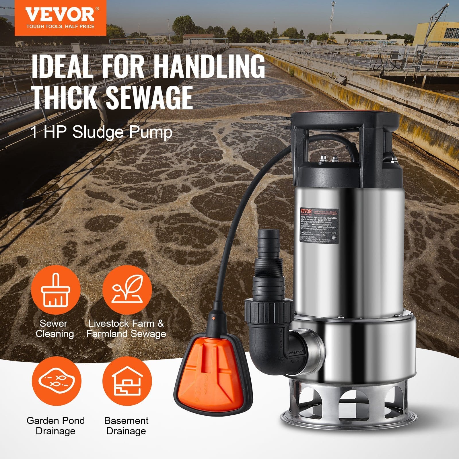 1HP Sump Pump, 4020GPH, 30FT Lift Stainless Steel Submersible Sludge Pump with 26FT Power Cord Automatic ON/OFF Float Switch, Drain Clean/Dirty Water for Basement Flood Pool Pond Garden Hot Tub