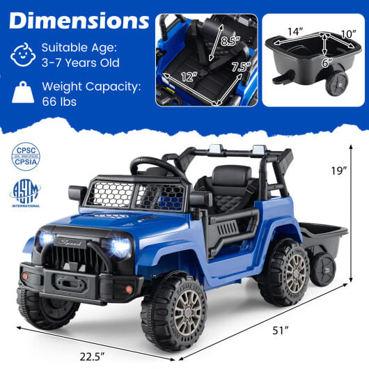 12V Kids Ride On UTV Car with Detachable Trailer-Black