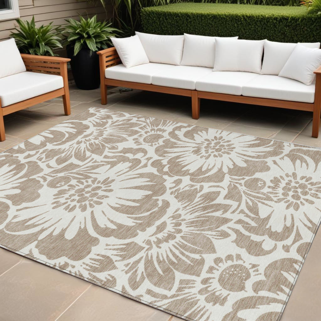9' X 12' Taupe and Ivory Floral Washable Non Skid Indoor Outdoor Area Rug