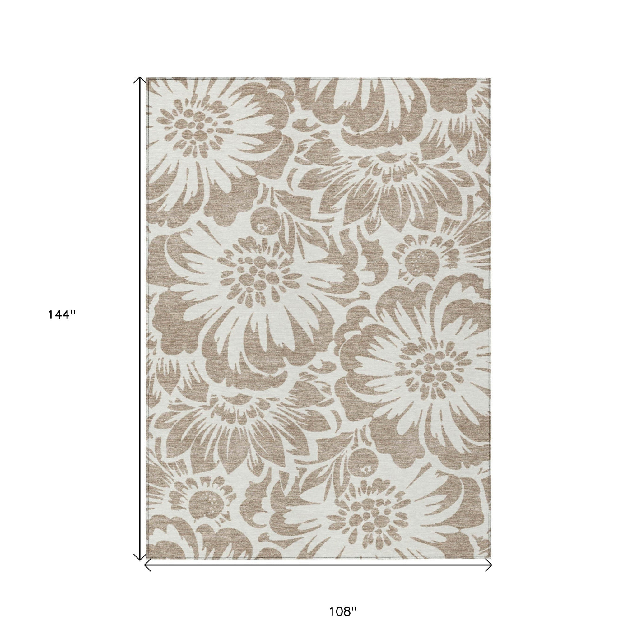 9' X 12' Taupe and Ivory Floral Washable Non Skid Indoor Outdoor Area Rug