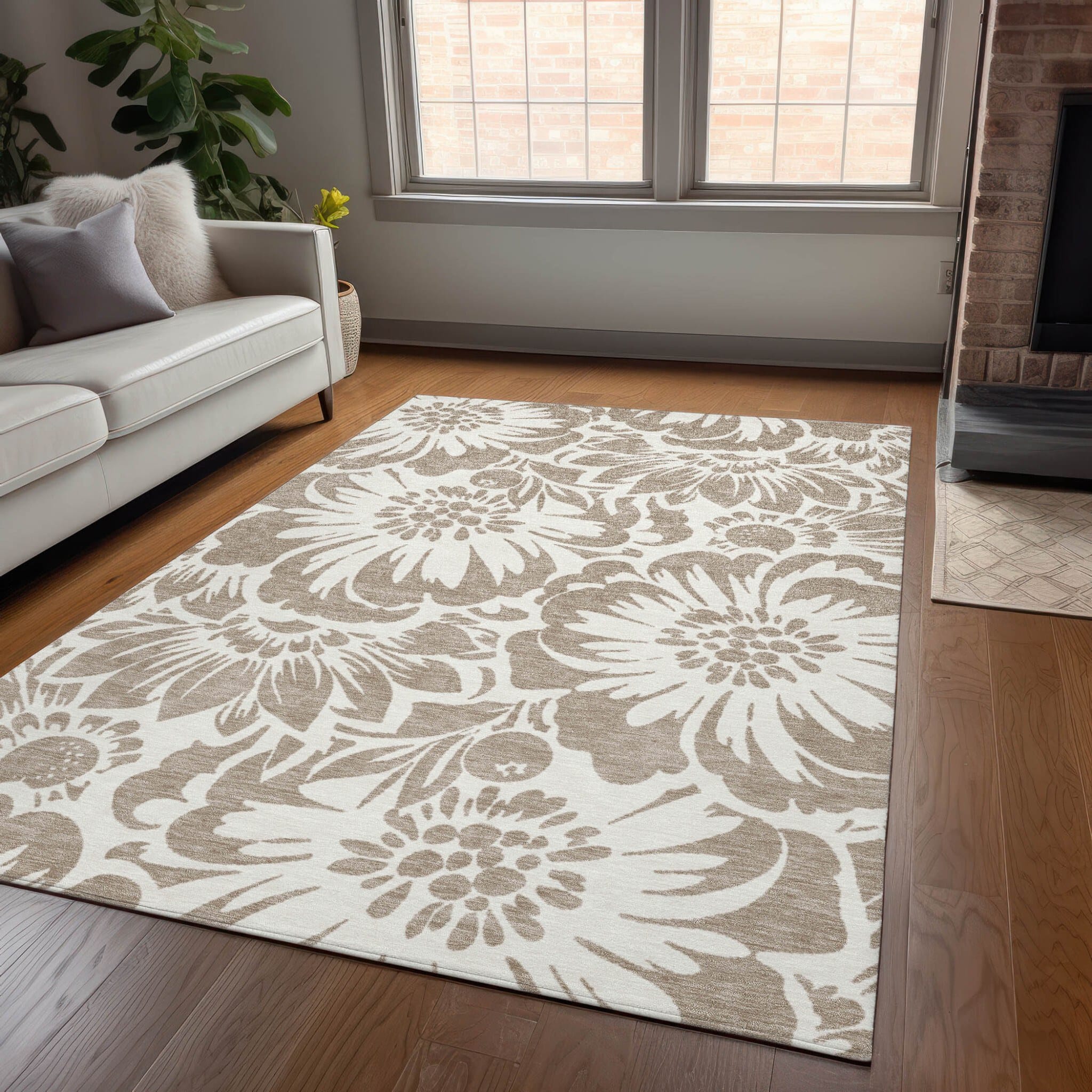 9' X 12' Taupe and Ivory Floral Washable Non Skid Indoor Outdoor Area Rug