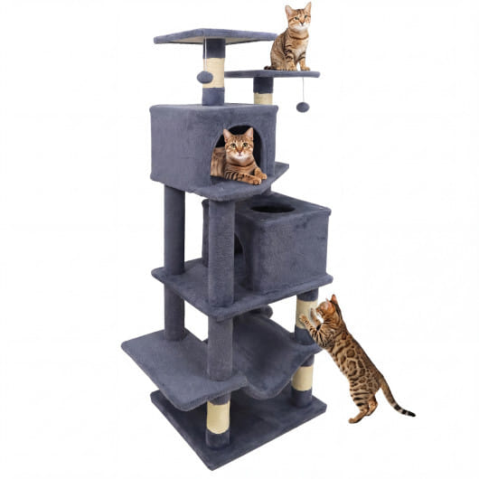 57 Inch Cat Tree with Dual Condos and Hammock and 2 Dangling Balls-Gray - Color: Gray