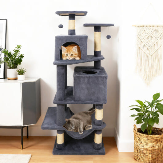 57 Inch Cat Tree with Dual Condos and Hammock and 2 Dangling Balls-Gray - Color: Gray