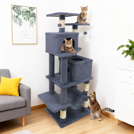 57 Inch Cat Tree with Dual Condos and Hammock and 2 Dangling Balls-Gray - Color: Gray