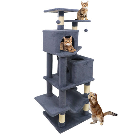 57 Inch Cat Tree with Dual Condos and Hammock and 2 Dangling Balls-Gray - Color: Gray