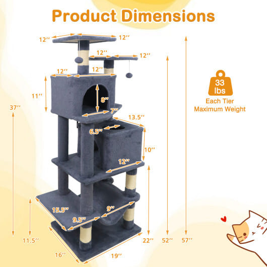 57 Inch Cat Tree with Dual Condos and Hammock and 2 Dangling Balls-Gray - Color: Gray