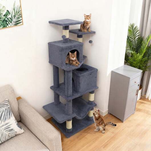 57 Inch Cat Tree with Dual Condos and Hammock and 2 Dangling Balls-Gray - Color: Gray