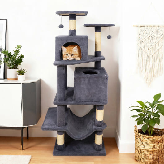 57 Inch Cat Tree with Dual Condos and Hammock and 2 Dangling Balls-Gray - Color: Gray