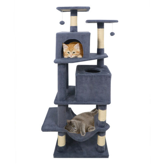 57 Inch Cat Tree with Dual Condos and Hammock and 2 Dangling Balls-Gray - Color: Gray