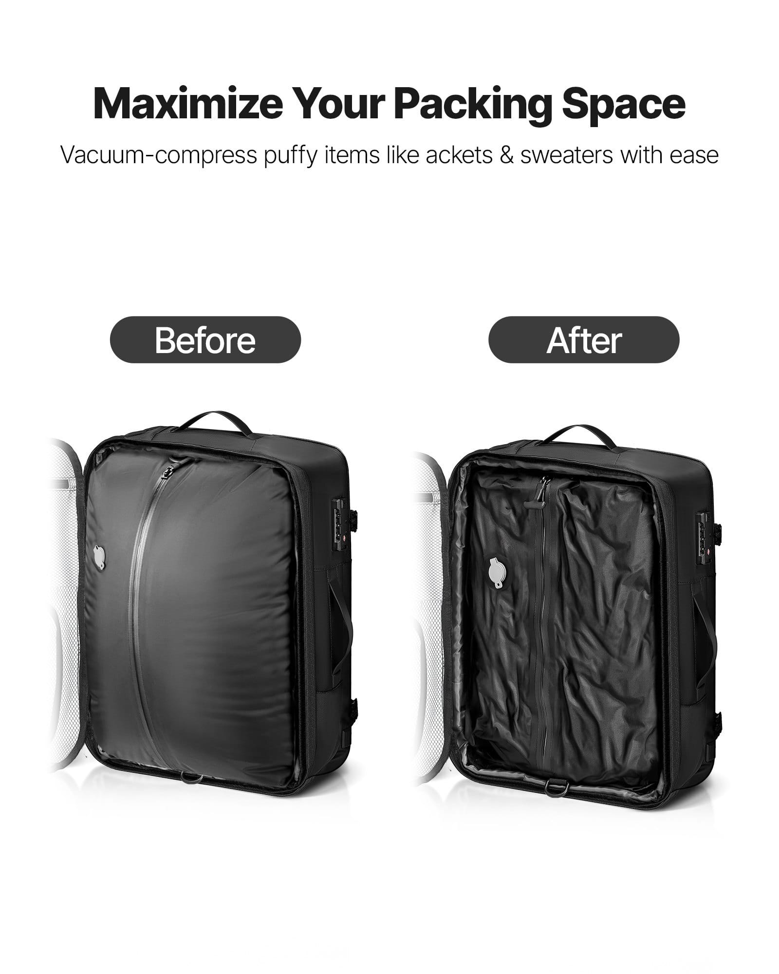 Vacuum Travel Backpack, 65L, Expandable Vacuum Seal Compression Travel Backpack with Pump, with TSA-Approved Lock, Airback Vacpack, Water-Resistant Carry-On Suitcase Luggage, for Business, Gray