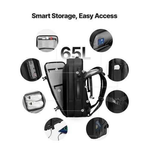Vacuum Travel Backpack, 65L, Expandable Vacuum Seal Compression Travel Backpack with Pump, with TSA-Approved Lock, Airback Vacpack, Water-Resistant Carry-On Suitcase Luggage, for Business, Gray