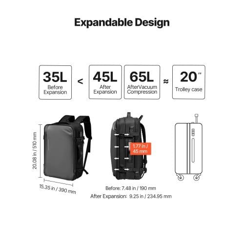 Vacuum Travel Backpack, 65L, Expandable Vacuum Seal Compression Travel Backpack with Pump, with TSA-Approved Lock, Airback Vacpack, Water-Resistant Carry-On Suitcase Luggage, for Business, Gray