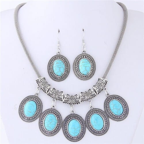 Artificial Turquoise Inlaid Oval-shaped Pendants Vintage Cloud Engraving Fashion Necklace and Earrings Set - Teal