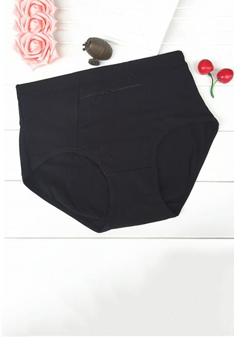 Women's Cotton High Waist Panties with Zipper Pocket