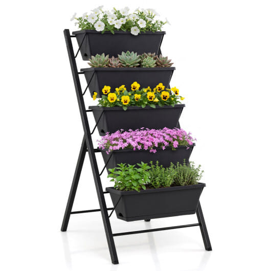 5-Tier Vertical Raised Garden Bed with Drainage Holes for Patio - Color: Black