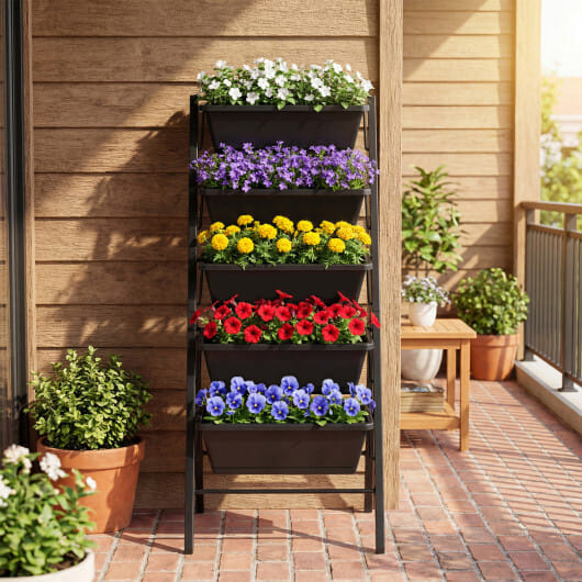 5-Tier Vertical Raised Garden Bed with Drainage Holes for Patio - Color: Black