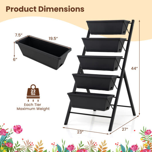 5-Tier Vertical Raised Garden Bed with Drainage Holes for Patio - Color: Black