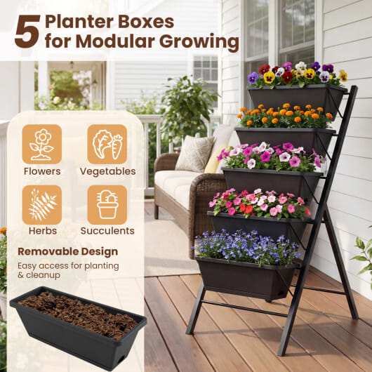 5-Tier Vertical Raised Garden Bed with Drainage Holes for Patio - Color: Black