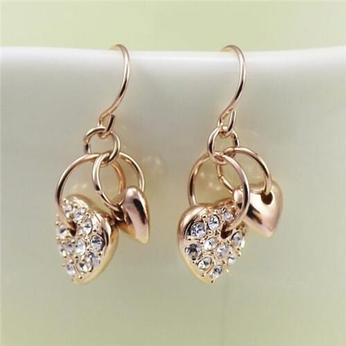 Rhinestone Inlaid Dangling Hearts Design 18k Rose Gold Earrings