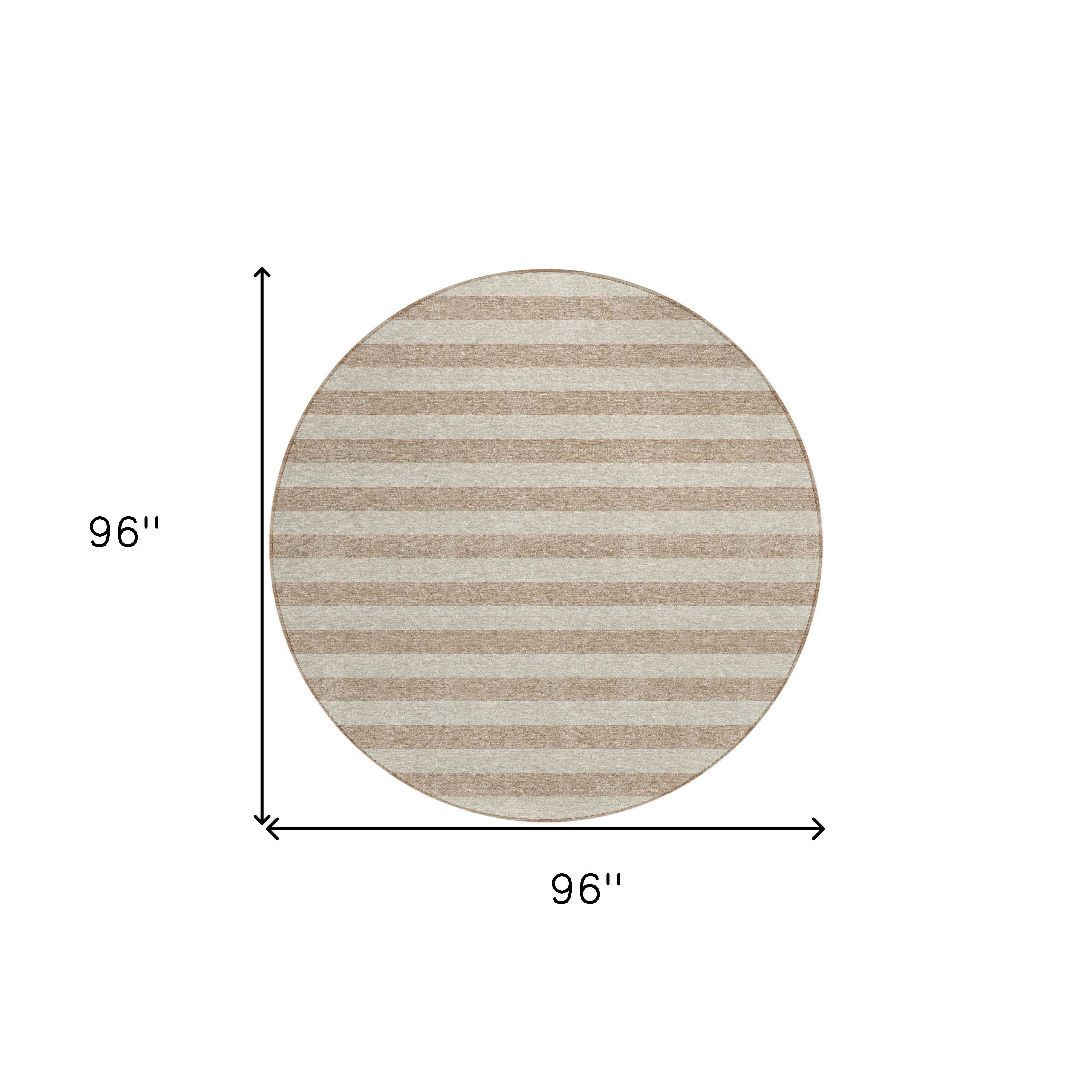 8' Round Beige Round Striped Washable Non Skid Indoor Outdoor Area Rug