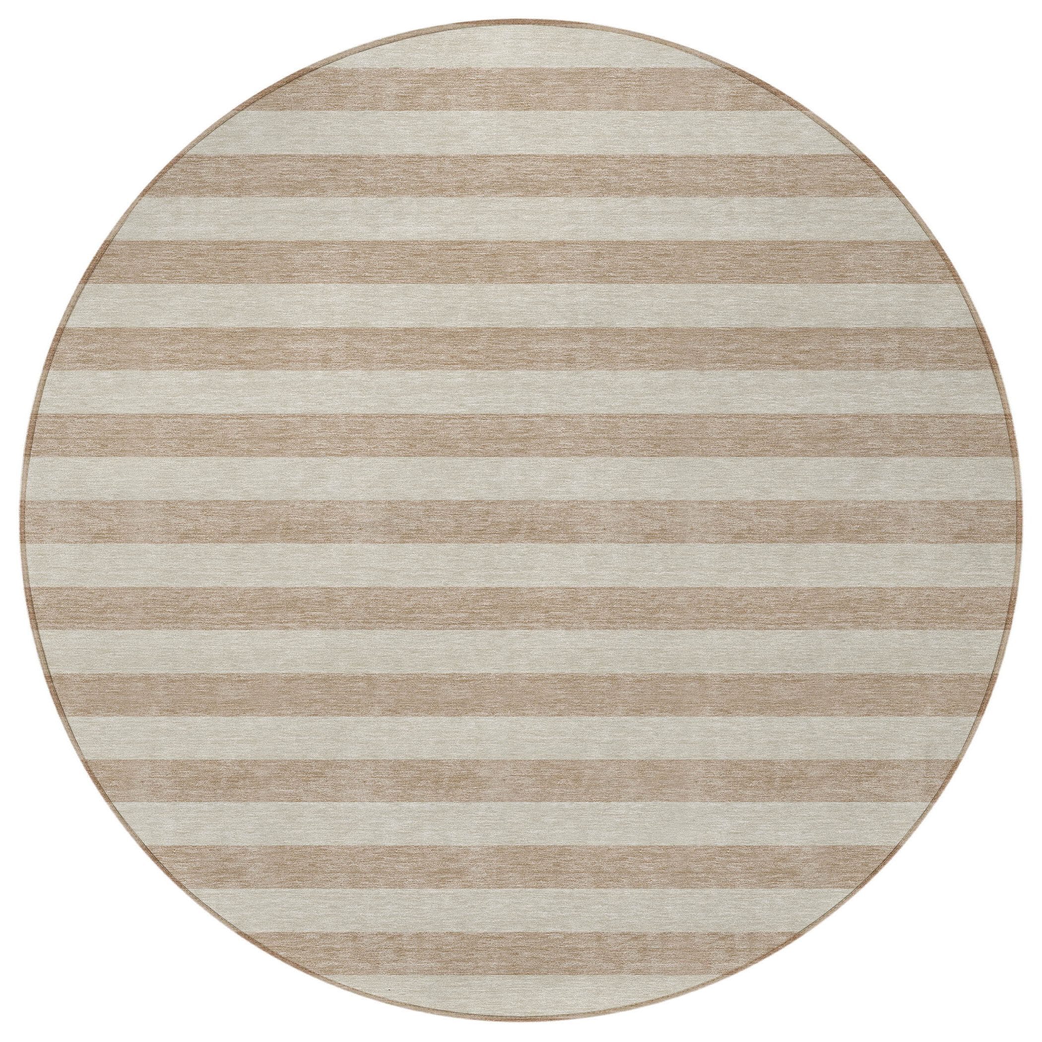 8' Round Beige Round Striped Washable Non Skid Indoor Outdoor Area Rug