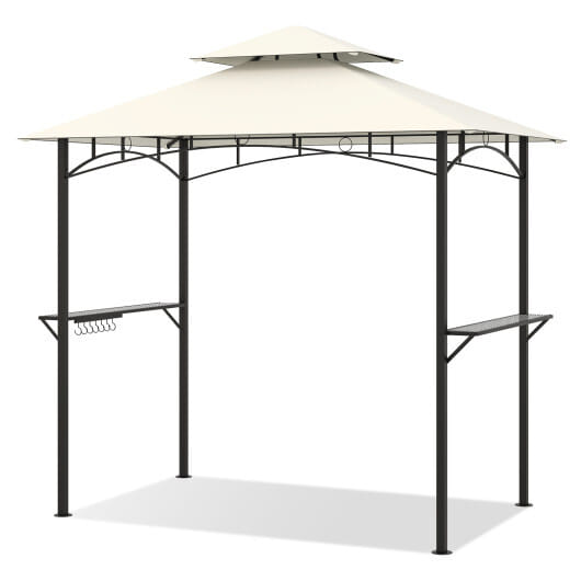 Outdoor Double-Tiered Grill Gazebo Canopy with 2 Shelves and 7 Hooks-Beige - Color: Beige