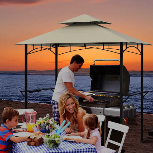Outdoor Double-Tiered Grill Gazebo Canopy with 2 Shelves and 7 Hooks-Beige - Color: Beige