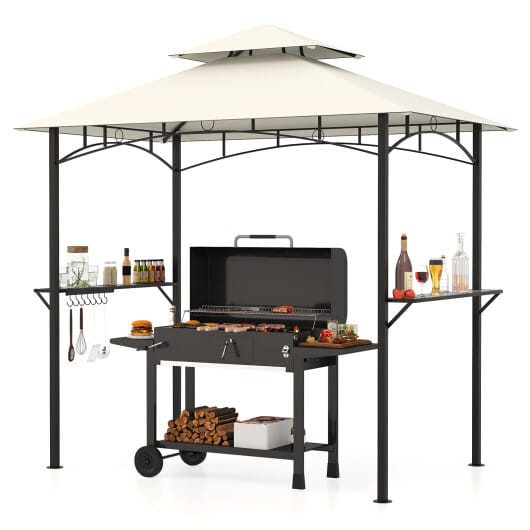Outdoor Double-Tiered Grill Gazebo Canopy with 2 Shelves and 7 Hooks-Beige - Color: Beige