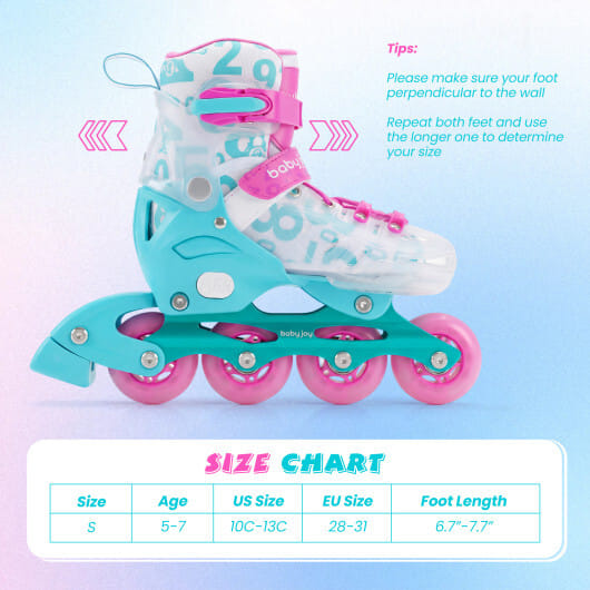 4-Size Adjustable Kids Inline Skates for Beginners Ages 5-7-Blue and Pink