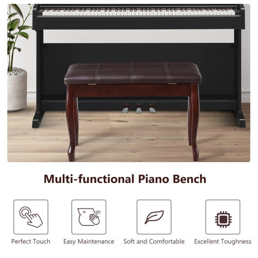 Solid Wood PU Leather Piano Bench with Storage-Brown - Color: Brown