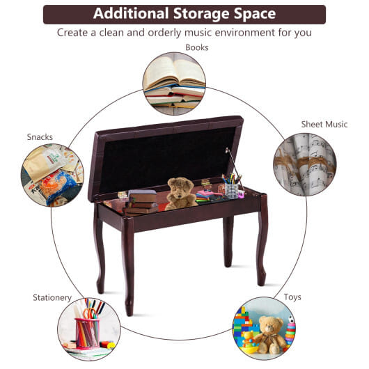 Solid Wood PU Leather Piano Bench with Storage-Brown - Color: Brown