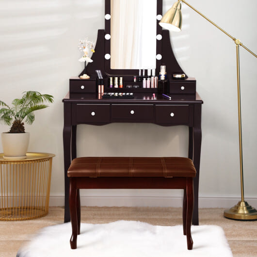 Solid Wood PU Leather Piano Bench with Storage-Brown - Color: Brown