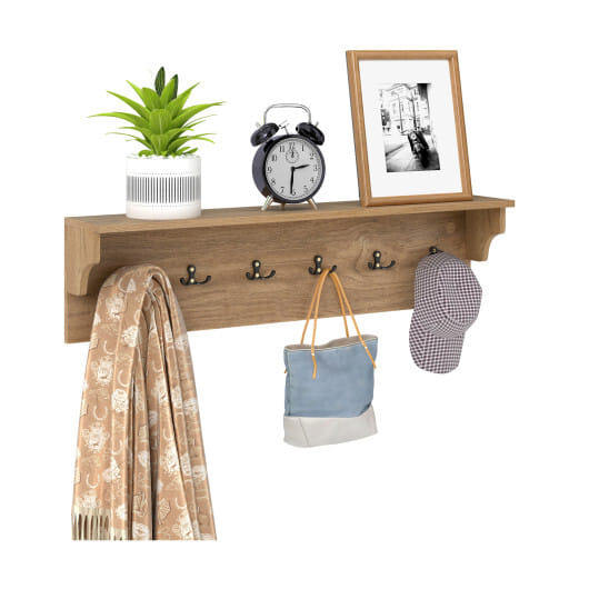 Wall Hooks with Shelf 31.5inch Wooden Coat Rack with 6 Hooks for Hats Towels Purses Robes-Natural