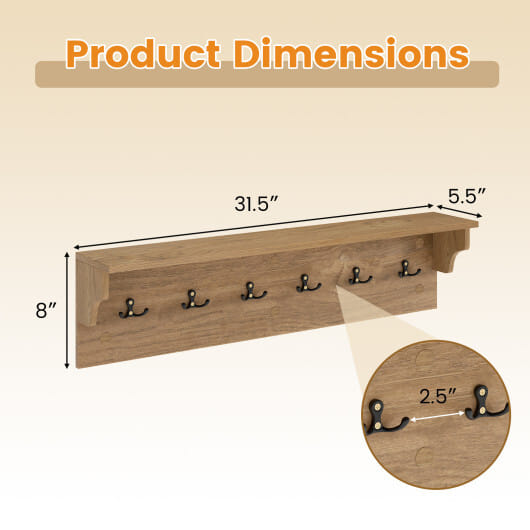 Wall Hooks with Shelf 31.5inch Wooden Coat Rack with 6 Hooks for Hats Towels Purses Robes-Natural