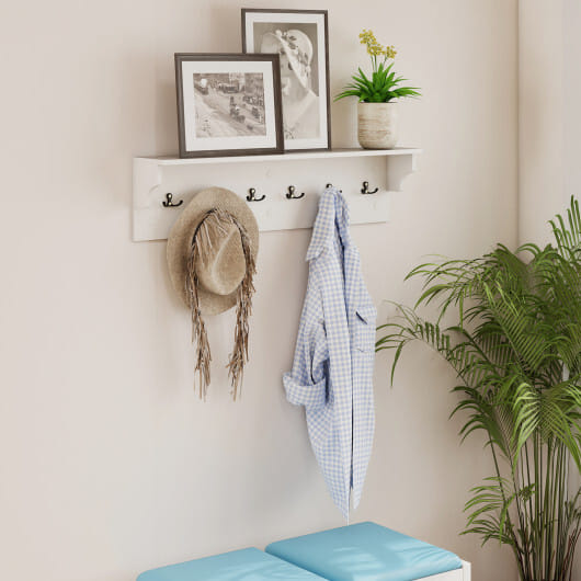 Wall Hooks with Shelf 31.5inch Wooden Coat Rack with 6 Hooks for Hats Towels Purses Robes-Natural