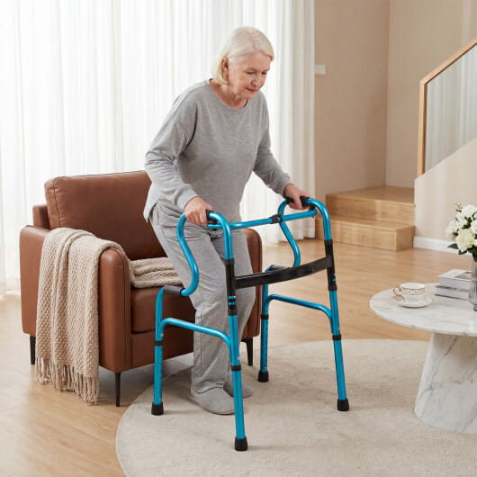 One-Button Folding Aluminum Walking Frame Walker Folding Walker for Seniors and Limited Mobility Users-Navy - Color: Navy