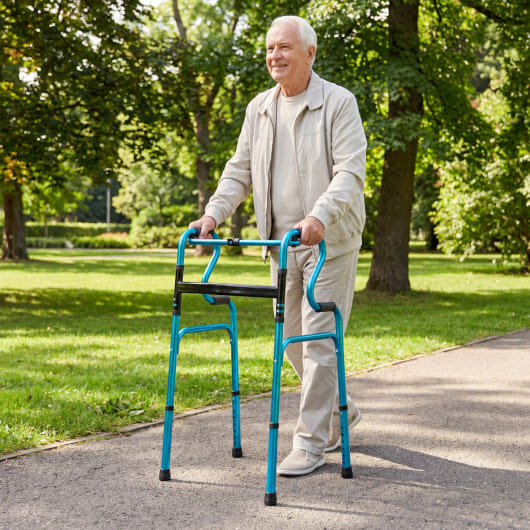 One-Button Folding Aluminum Walking Frame Walker Folding Walker for Seniors and Limited Mobility Users-Navy - Color: Navy